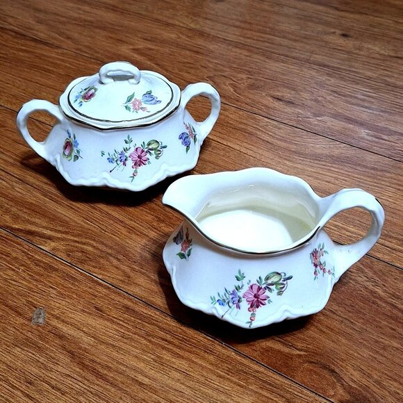 Homer Laughlin Household Institute Creamer Sugar Bowl Set Floral Pattern Porcela - Picture 1 of 6